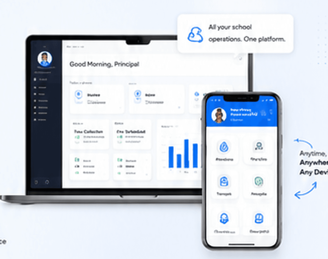 NextCampus school management ERP dashboard and mobile app preview